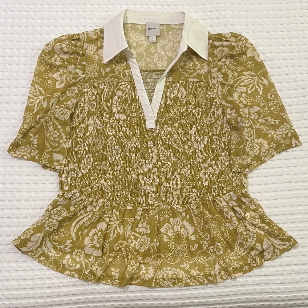 Maeve Moss Green Floral Shirred Peplum Blouse with White Collar